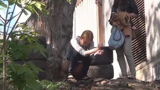 Girls caught peeing behind the warehouse Outdoor spy pee