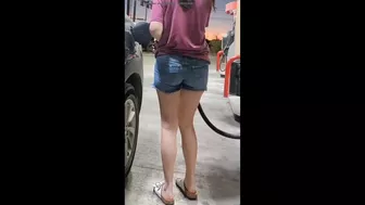 Girl pees her jeans shorts at the gas pump and later again on a lawn chair