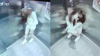 Beautiful girl peeing in the elevator