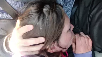 newbie whore whimpers while giving blowjob in the car and taking cumload