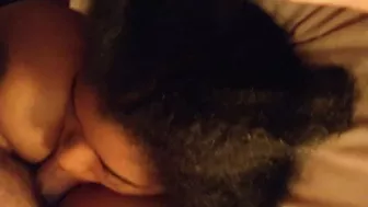 Busty H cup ebony girl sucks and swallows twice