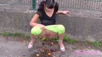 Mia peeing on her crushed toy cars