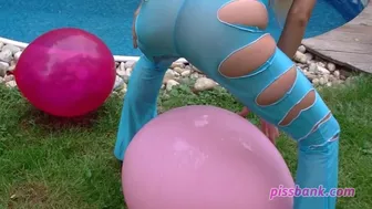 Pee through dancing dress on balloon