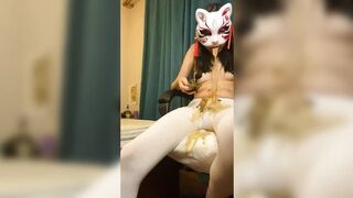 PooGirl - vomiting several times from chewing shit and shit in white pantyhose, fisting