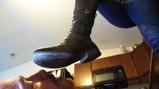 Human doormat licks the nasty soles of my RIDING BOOTS!