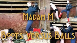 Boots Versus Balls, extremely hard Hunters Wellingtons ballbusting in the stables
